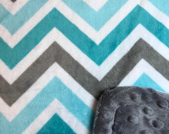 Minky Blanket Teal, Grey, and Turquoise Chevron Minky with Grey Dimple Dot Minky Backing - Perfect Size a Toddler or Child