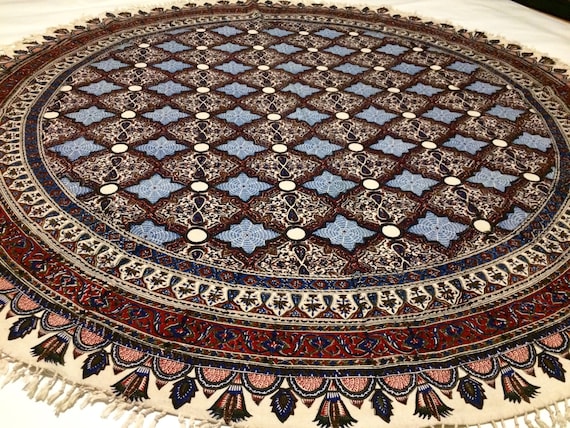 Traditional round tablecloth, calico fabric with natural colours, 60 inches with tassels