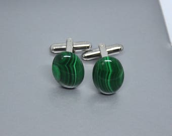 Malachite Cufflinks, Gemstone Cuff Links, Malachite Gemstone, Gift For Him, Unique Gift, Green Cuff Links, Genuine Malachite