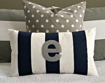 Monogrammed Lumbar Pillow Cover - Navy and White Stripe with Soft Grey Monogram