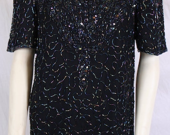 vintage 80s BEADED SILK SHIRT, beaded top, silk blouse, Glam Drag Diva sz X-Small Landmark tunic