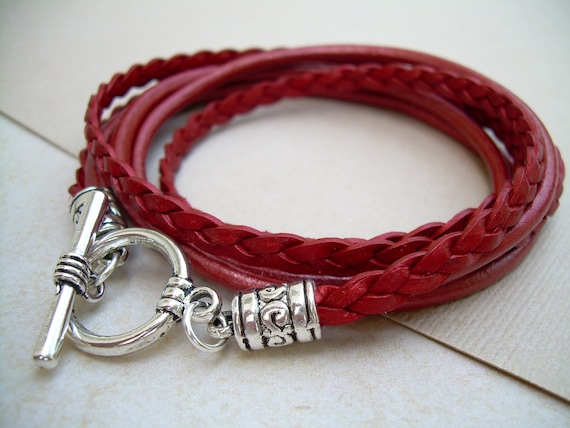 Red Leather Bracelet Womens Triple Wrap Leather Bracelet with