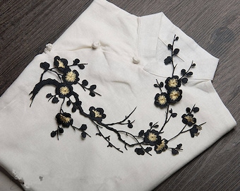 Cherry Blossom Embroidered Applique. Black flowers patch,collar patch embroidered applique
