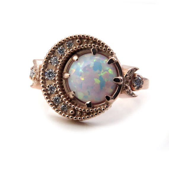 Lab Opal and Diamond Crescent Moon Celestial Engagement Ring - 14k Yellow, Rose or Palladium White Gold