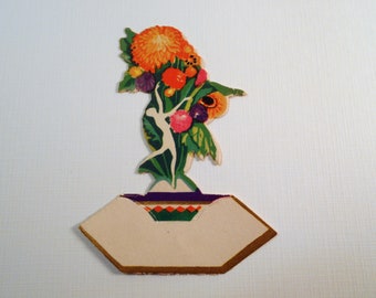 Vintage Unused Art Deco Placecard, Lady Silhouette with Flowers Placecard, 1920s-1930s Die Cut Ephemera, Volland Placecard