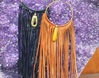 Genuine Leather Fringed Necklace with Handmade Pendent