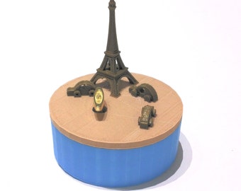 Paris Music Box 3D Printed , “You Are My Sunshine”, Musical Box, Music Boxes, Personalized Music Box, WIND UP, Eiffe, Blue, Wood, Metalic