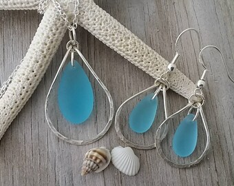 Made in Hawaii, Wire loop Turquoise Bay blue sea glass necklace + earrings jewelry set,925 sterling silver chain, Beach jewelry gift.