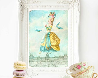 Marie Antoinette French art print, Paris rooftops, A4 giclee