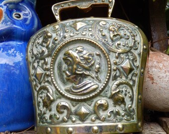 Brass Bell, Decorative Handbell, Cowbell, Antique Bell, Mythical Creature Bell, Roman Figures, Heavy Decorative Bellk