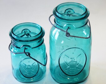 Set of 2 Ball Ideal Aqua Blue Colored Bicentennial Canning Jars (One Quart and One Pint) NO LIDS