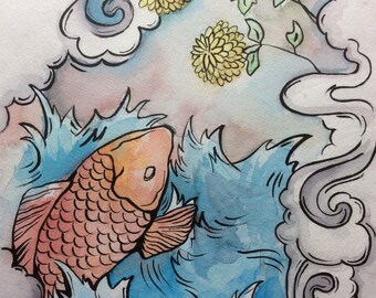 Japanese Koi fish watercolor painting
