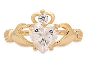 Claddagh Ring, Gold Claddagh Ring, Promise Ring Claddagh, 1.55 ct lab-created diamond Heart Cut Irish Celtic Claddagh Ring 14k Yellow Gold