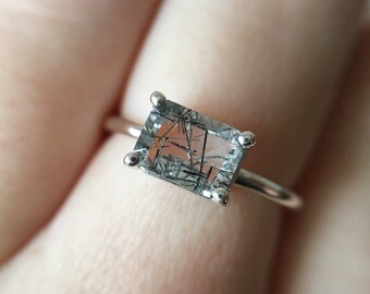 Faceted Tourmalinated Quartz Ring in sterling silver - sterling silver quartz ring - rutilated quartz ring - black rutile quartz ring