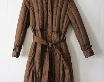 Vintage 80s 90s Long Quilted Belted Brown Zip Up Puffy Coat by Sharpe Size 7/8
