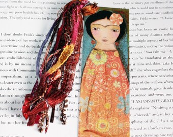Frida in Orange- Laminated Bookmark Handmade - Original Art by FLOR LARIOS