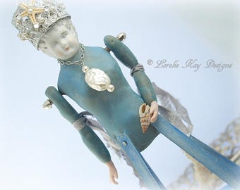 Lorelei Mermaid Santos Inspired Cage Art Doll Relic Look Sculpted Wood Cage Handmade Miniature Santos Doll Lorelie Kay Original