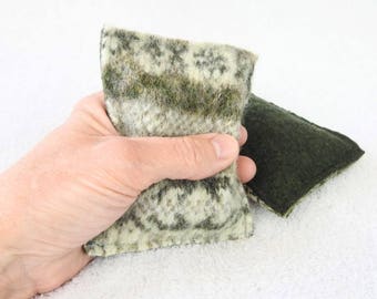 Hand Warmers OLIVE FAIR ISLE Felted Sweater Wool Rice Bags Reusable Handwarmers Pocket Hand Warmers Ecofriendly Gift Under 15 by WormeWoole