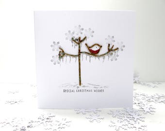 Christmas Card frosted tree, Personalised Handmade christmas card, twig tree, winter robin, xmas card, seasonal card, festive tree.