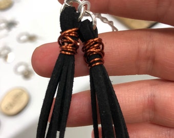 Copper Wire-Wrapped Black Leather Earrings