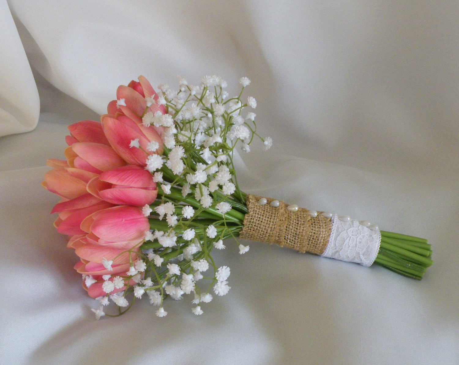 Tulip Baby's Breath Gypsophila Coral Bouquet