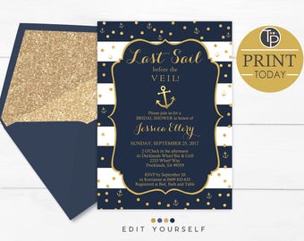 NAUTICAL Bridal Shower Invitation, Instant Download, Anchor Bridal Shower Invitation, Navy Gold Bridal Shower invitation, Nautical, 0315