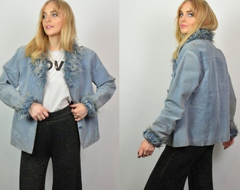 Vintage 90s Y2K Light Blue Suede & Faux Fur Collar / Cuffs Jacket