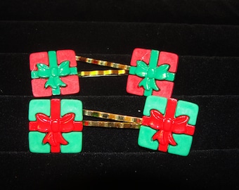 Christmas Package Hair Clips/ Barrettes/ Bobby Pins