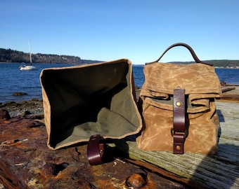 Large Field Tan Waxed Canvas, Cordura, and Leather Reusable Insulated Lunch Bag