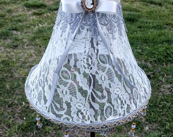 Lace lampshade, shabby home decor, romantic decor, french lace, handmade lampshade, Victorian lampshade, White and Gray, Blue Silver Vintage