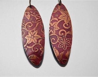 Morning Glory Print Etched Copper Dangle Earrings