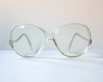Vintage 1980s Rhinestone Glasses Womens Eyeglasses Clear Frame Glasses Rhinestones Clear Eyeglasses Mod Large Translucent Frames