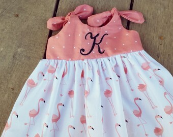 Flamingo dress, Beach Dress, Summer outfit, monogrammed baby dress, coral, coming home outfit, personalized, knot dress, personalized
