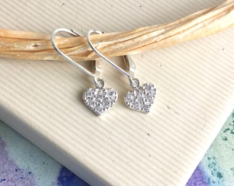 Cubic zirconia pave heart earrings, all sterling silver, lever back, CZ 925 silver jewelry E231