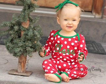 Girls Polka Dot Polkadot Christmas Pajamas Full One Piece Pants Set Red White Green Trim Personalized Monogrammed Newborn Baby