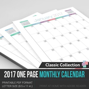 2017 One Page Monthly Calendar - Instant Download! - 12 pages in PDF format ready to print at home!