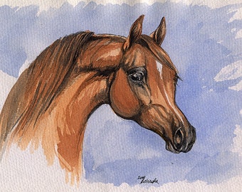 Chestnut arabian horse, equine art, horse portrait, equestrian, original ink and watercolor painting