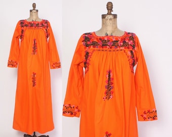 Vintage 70s OAXACAN DRESS / 1970s Embroidered Orange Boho MEXICAN Festival Maxi Dress