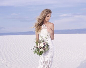 custom crochet wedding dress, boho bride, bohemian bridal gown, custom gown, pure cotton dress white ecru lace long halter neck lace-up