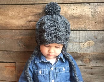 Cable Knit Hat Pattern- Earflap Hat Pattern- Kids Knit Hat- Cabled Hat Pattern- Cable Pom Pom Hat Pattern- Beanie Knitting Pattern- Pom