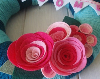 Yarn Wreath Handmade Front Door - Bubblegum 12in.
