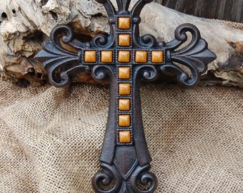 Wall cross, cast iron cross, tigers-eye LIKE cross, jeweled cross, decorated cross, rustic cross, housewarming gift, 6 year anniversary gift