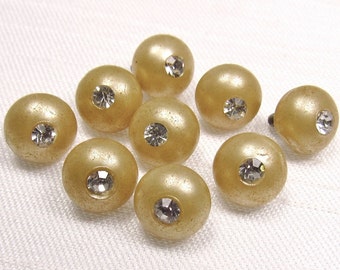Tiny Sparklers: 5/16" (8mm) Sand & Clear Rhinestone Half-Ball Buttons - Set of 9 Vintage Matching Buttons