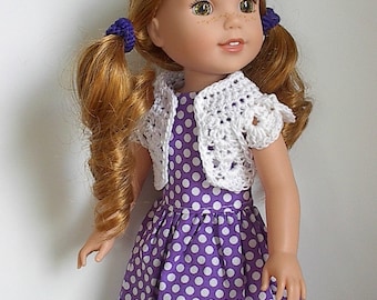 14.5" Doll Clothes Sleeveless Cotton Dress and Crocheted Bolero Shrug Handmade to fit Wellie Wishers Dolls - Purple and White Polka Dots