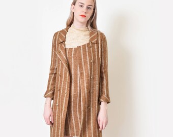 1960s Striped Linen Dress and Jacket Set 60s Vintage Brown Shift Dress Mod Twiggy XS S