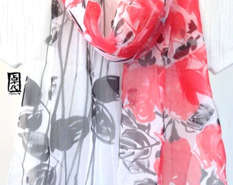 Red Floral Scarf, Silk Scarf Handpainted, Silk Chiffon Scarf, Red Silk Scarf Hand painted, Takuyo, Made to order