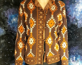 VINTAGE 1990s Brown & Orange Navajo Print Cardigan Top by Country Casuals MEDIUM