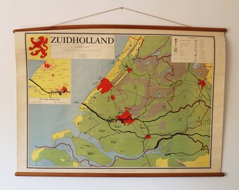 REDUCED due to damage: School map Vintage Pull Down Map South Holland Province of The Netherlands