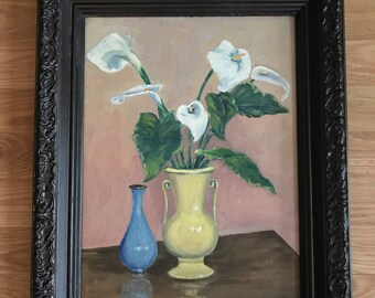 Vintage Framed Oil Painting- Floral Calla Lilies Still Life