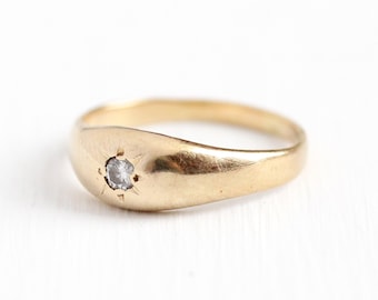 Antique Diamond Ring - 14k Rosy Yellow Gold Gypsy Set .05 Carat Band - Vintage 1930s Size 5 Incised Star Solitaire Wedding Band Fine Jewelry